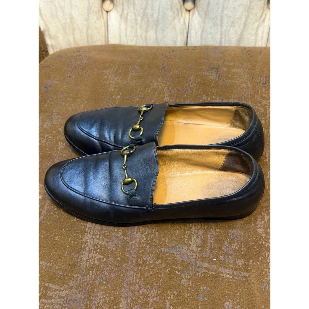 Gucci Brixton Black Leather Horsebit Loafers Collapsible Heel Mens 7 / Womens 9